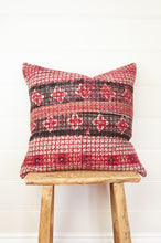 Load image into Gallery viewer, Vintage kantha quilt cushion, overdyed with red and white and black blockprint dotted check pattern.