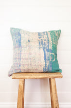 Load image into Gallery viewer, VIntage kantha quilt cushion in shades of mint green, white, blue and lavender.