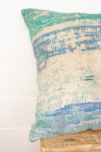 Load image into Gallery viewer, VIntage kantha quilt cushion in shades of mint green, white, blue and lavender.