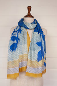 Anna Kaszer designed in Paris, made in India fine cotton voile scarf, large graphic floral adn vine design on soft diamond check background, in cobalt blue, mustard and aqua on white.