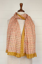 Load image into Gallery viewer, Anna Kaszer designed in Paris, made in India fine cotton dobby voile scarf, small all over floral with self check in coral, mustard and white.