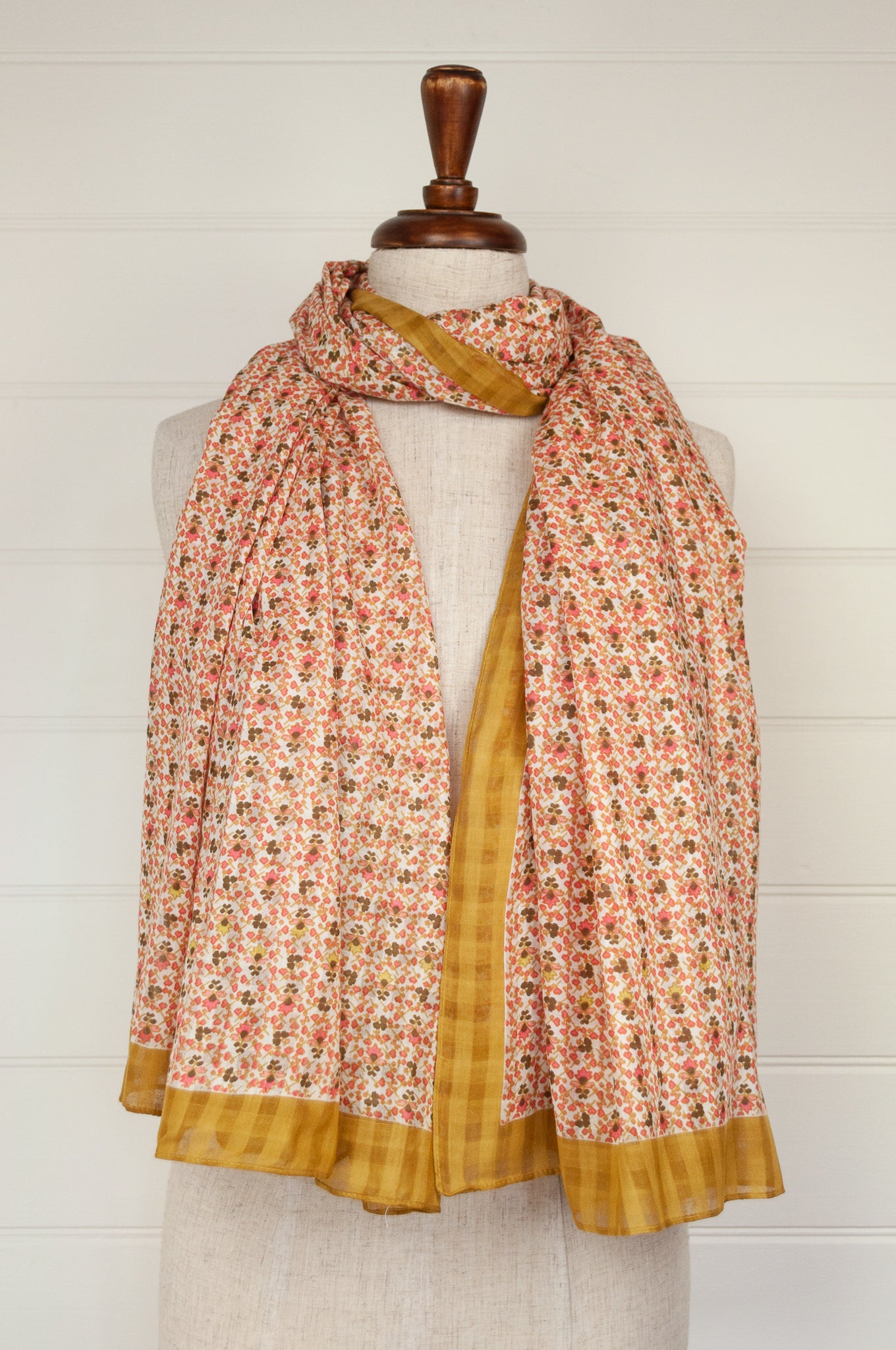 Anna Kaszer designed in Paris, made in India fine cotton dobby voile scarf, small all over floral with self check in coral, mustard and white.