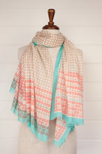 Load image into Gallery viewer, Anna Kaszer designed in Paris, made in India fine cotton voile scarf in aqua, coral, white and taupe geometric pattern.