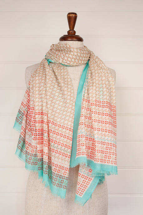 Anna Kaszer designed in Paris, made in India fine cotton voile scarf in aqua, coral, white and taupe geometric pattern.