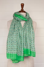 Load image into Gallery viewer, Anna Kaszer designed in Paris, made in India fine cotton dobby voile scarf, small all over floral with self check in green and white.