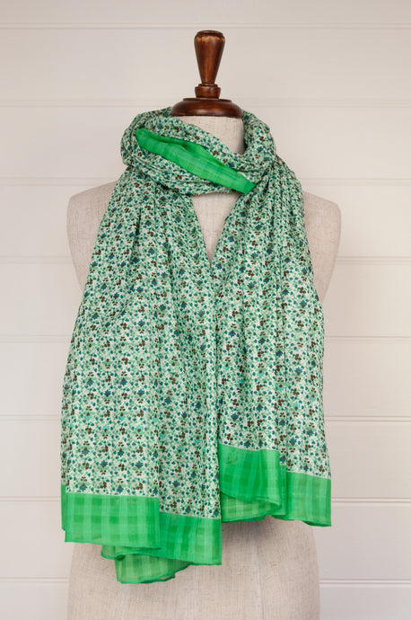Anna Kaszer designed in Paris, made in India fine cotton dobby voile scarf, small all over floral with self check in green and white.