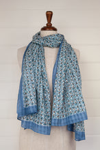 Load image into Gallery viewer, Anna Kaszer designed in Paris, made in India fine cotton dobby voile scarf, small all over floral with self check in blue and white.