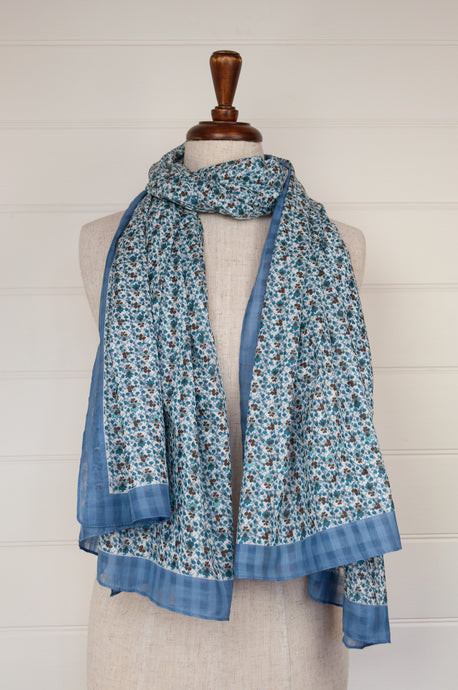 Anna Kaszer designed in Paris, made in India fine cotton dobby voile scarf, small all over floral with self check in blue and white.