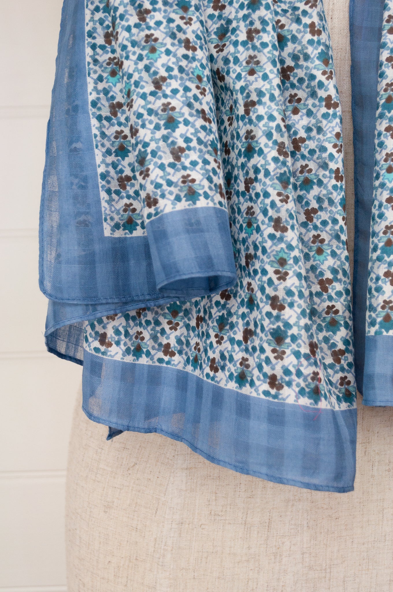 Anna Kaszer designed in Paris, made in India fine cotton dobby voile scarf, small all over floral with self check in blue and white.