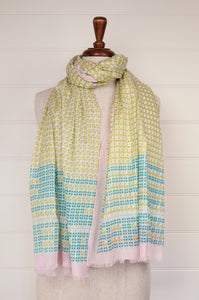 Anna Kaszer designed in Paris, made in India fine cotton voile scarf in pale pink, aqua, lime and white geometric pattern.