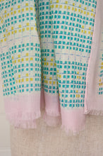 Load image into Gallery viewer, Anna Kaszer designed in Paris, made in India fine cotton voile scarf in pale pink, aqua, lime and white geometric pattern.