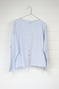 One size reversible cardigan in cashmere cotton, light blue. Ethically made in Nepal.