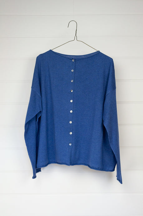 One size reversible cardigan in cashmere cotton, marine blue. Ethically made in Nepal.