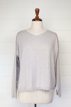 Load image into Gallery viewer, One size slouchy V-neck sweater in cashmere cotton, light ash grey. Ethically made in Nepal.