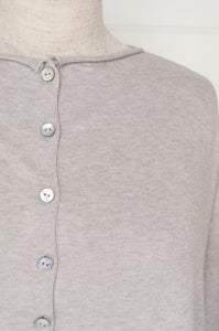 One size reversible cardigan in cashmere cotton, light ash grey. Ethically made in Nepal.