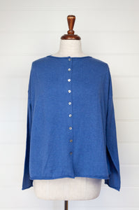 One size reversible cardigan in cashmere cotton, marine blue. Ethically made in Nepal.