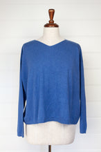 Load image into Gallery viewer, One size slouchy V-neck sweater in cashmere cotton, marine blue. Ethically made in Nepal.