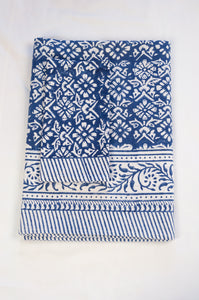 Block printed pure cotton blue and white floral print Nila table cloth.