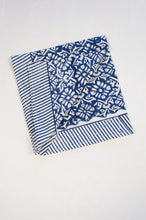 Load image into Gallery viewer, Block print cotton table napkins, Nila indigo blue and white floral print with striped border.
