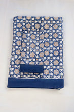 Load image into Gallery viewer, Blockprinted cotton table cloth, Almira Moroccan tile print in indigo denim blue and white with soft gold highlights. 