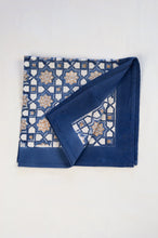 Load image into Gallery viewer, Block print cotton table napkins, Almira Moroccan tile print indigo and denim blue with soft gold 