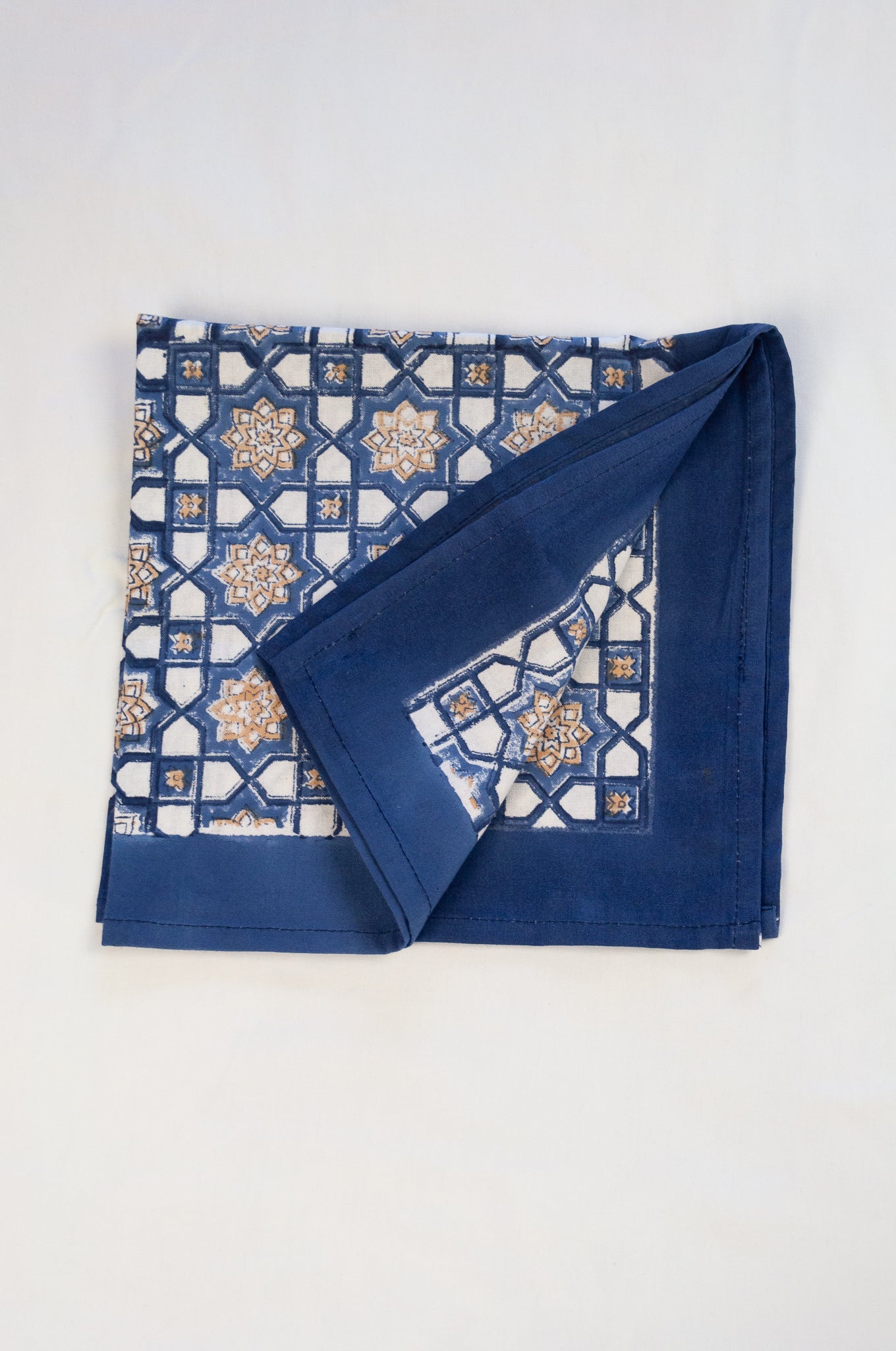 Block print cotton table napkins, Almira Moroccan tile print indigo and denim blue with soft gold 