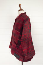 Load image into Gallery viewer, Neeru Kumar handwoven wool Cora jacket in irrgular checks and stripes in shades of red, buton up, self collar, inset front pockets, slight A-line swing shape.