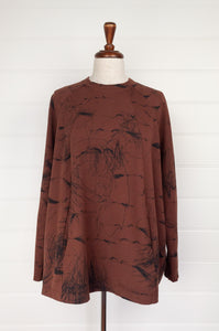 Valia French terry cotton knit Tropic tunic in mocca featuring signature graffiti print, made in Melbourne.