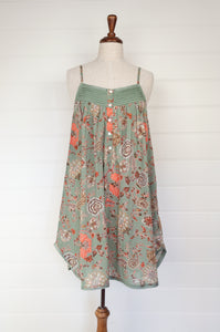 Juniper Hearth 100% cotton, screen printed by hand floral print summer nightdress nighty in sage green.