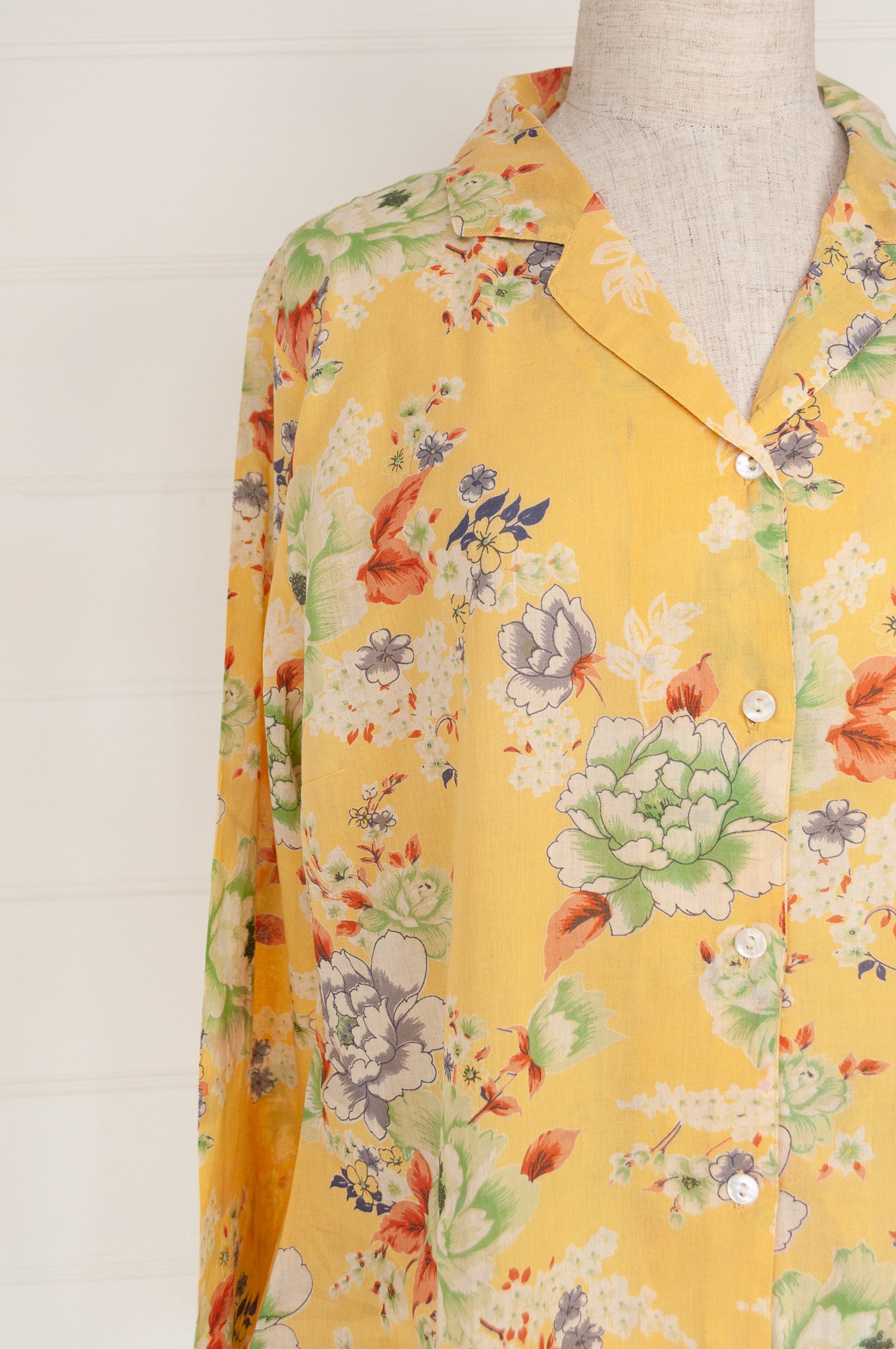 Juniper Hearth cotton voile pyjamas im butter yellow Summer Peony floral print. 