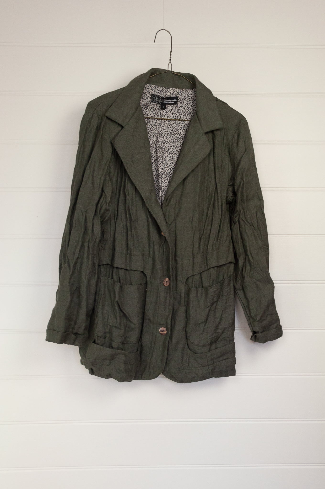 Kimberley Tonkin Jenna lined linen jacket in moss green.