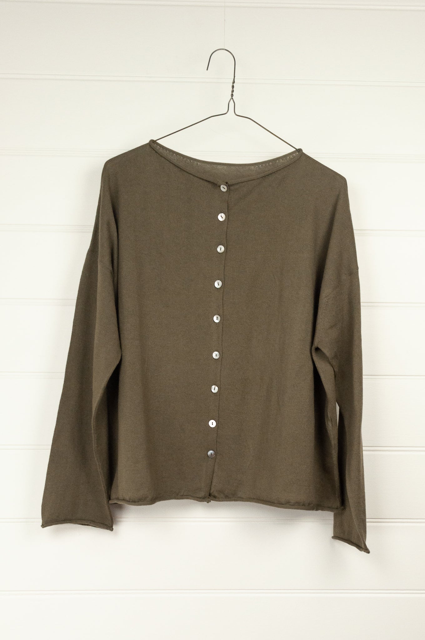 Juniper Hearth one size cotton cashmere blend button up loose fit cardigan in olive khaki green.