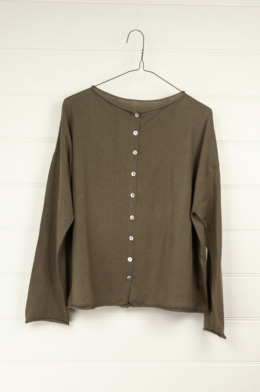Juniper Hearth one size cotton cashmere blend button up loose fit cardigan in olive khaki green.