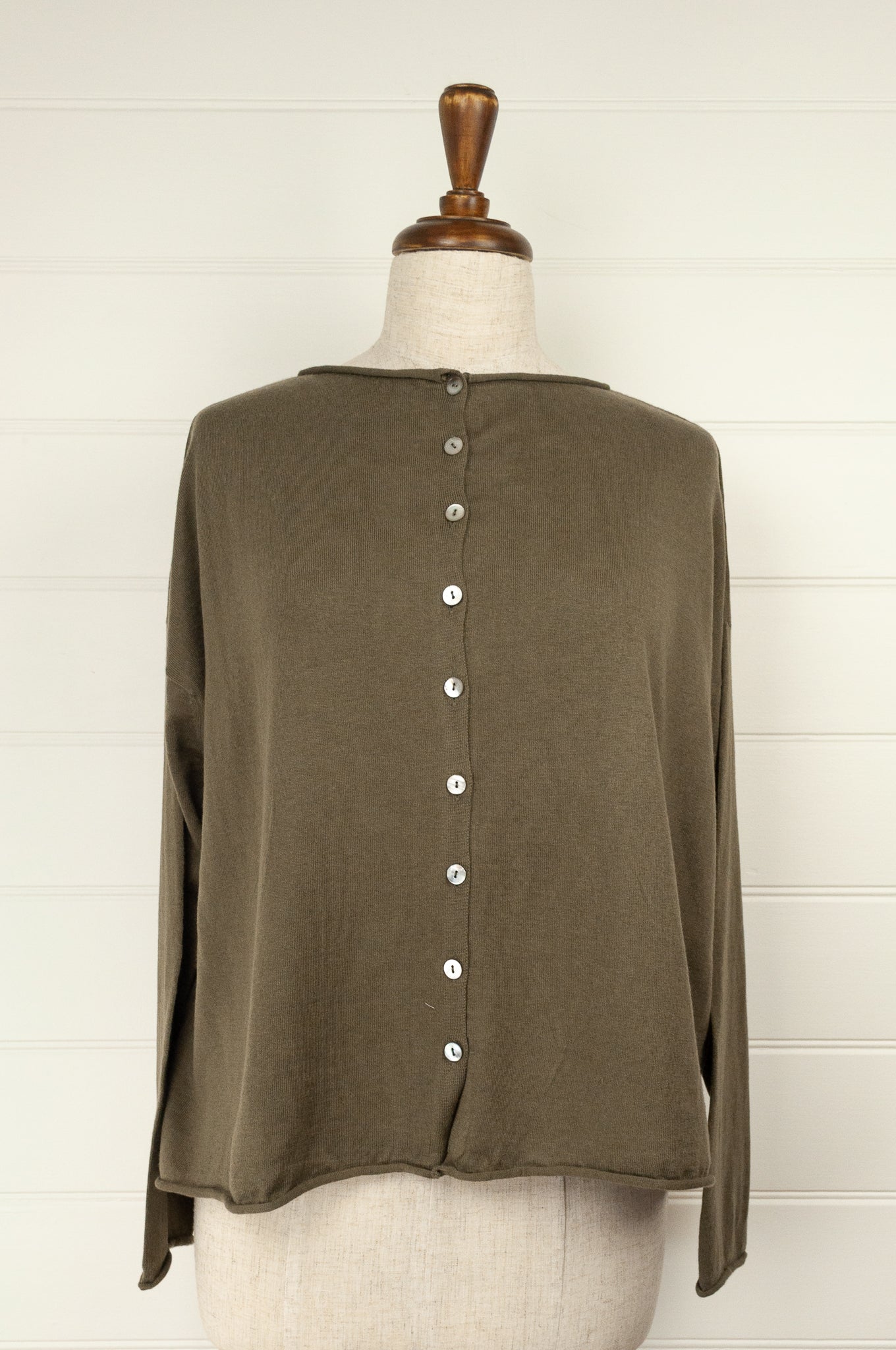 Juniper Hearth one size cotton cashmere blend button up loose fit cardigan in olive khaki green.