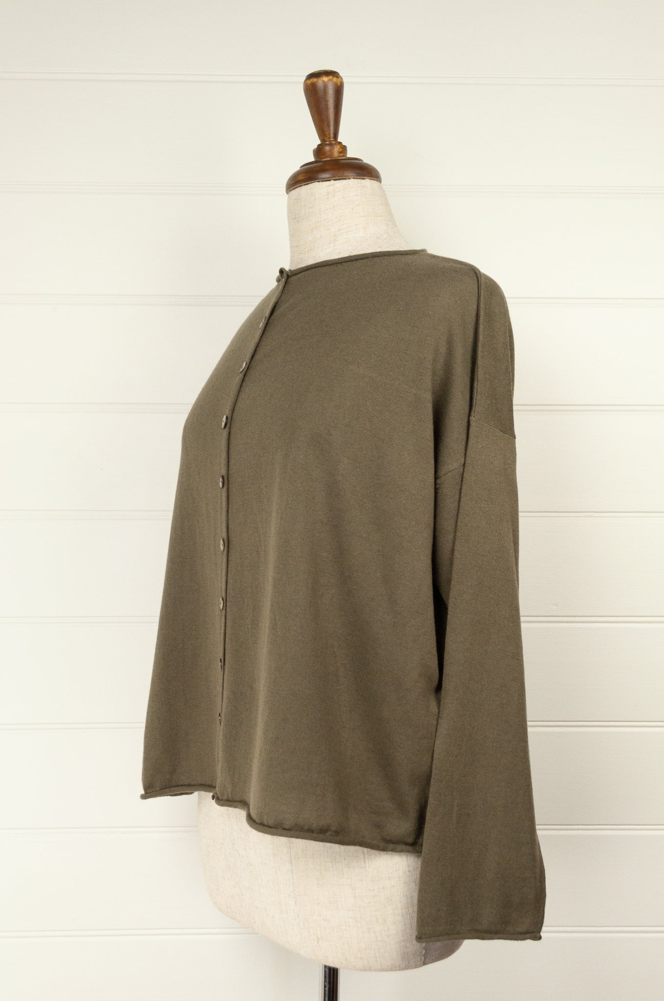 Juniper Hearth one size cotton cashmere blend button up loose fit cardigan in olive khaki green.