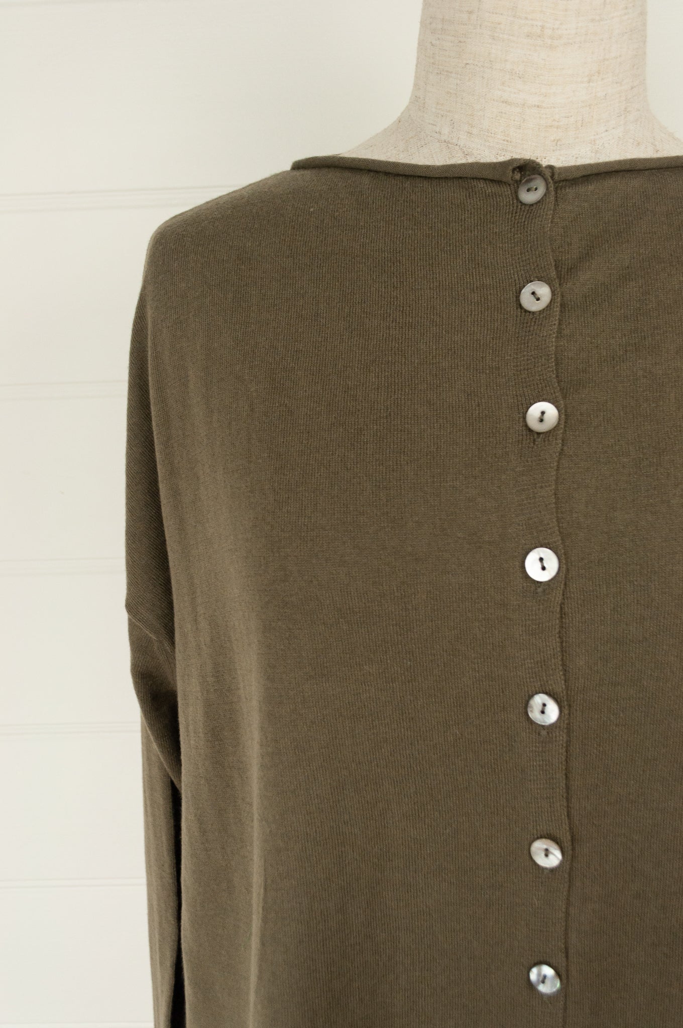 Juniper Hearth one size cotton cashmere blend button up loose fit cardigan in olive khaki green.