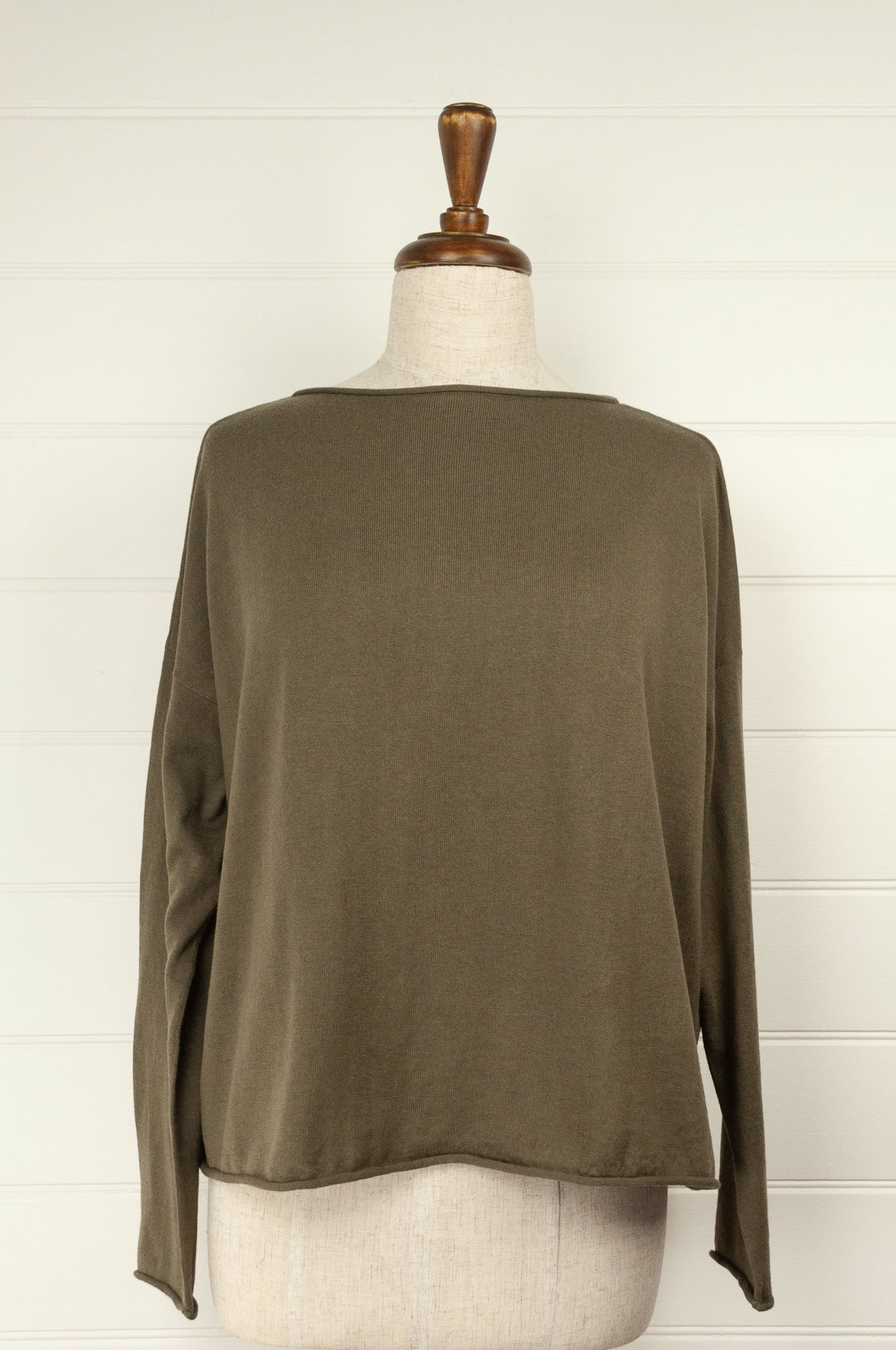 Juniper Hearth one size cotton cashmere blend button up loose fit cardigan in olive khaki green.