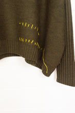 Load image into Gallery viewer, Banana Blue designed in Melbourne box jumper in georgia green khaki army merino wool, hand stitched details in pistachio..