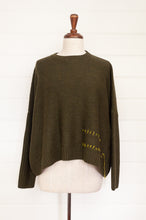 Load image into Gallery viewer, Banana Blue designed in Melbourne box jumper in georgia green khaki army merino wool, hand stitched details in pistachio..