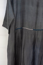 Load image into Gallery viewer, Dve Collection one size Padma dress in handloom, hand dyed charcoal grey silk, loose fit, elbow length sleeves, and hand stitching.