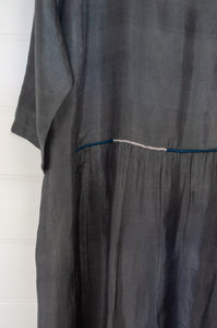 Dve Collection one size Padma dress in handloom, hand dyed charcoal grey silk, loose fit, elbow length sleeves, and hand stitching.