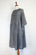 Load image into Gallery viewer, Dve Collection one size Padma dress in handloom, hand dyed charcoal grey silk, loose fit, elbow length sleeves, and hand stitching.