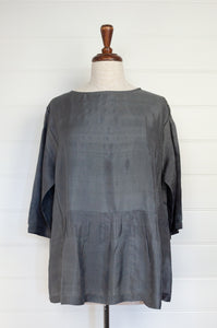 Dve Collection one size Padma top in handloom, hand dyed charcoal grey silk, loose fit, elbow length sleeves, and hand stitching.