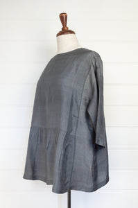 Dve Collection one size Padma top in handloom, hand dyed charcoal grey silk, loose fit, elbow length sleeves, and hand stitching.