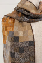 Load image into Gallery viewer, Sophie Digard pure wool artisan crocheted scarf, designed in France made in Madagascar, Puk in Tortuga earth palette of mustard, taupe, chocolate and charcoal.