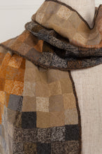 Load image into Gallery viewer, Sophie Digard pure wool artisan crocheted scarf, designed in France made in Madagascar, Puk in Tortuga earth palette of mustard, taupe, chocolate and charcoal.