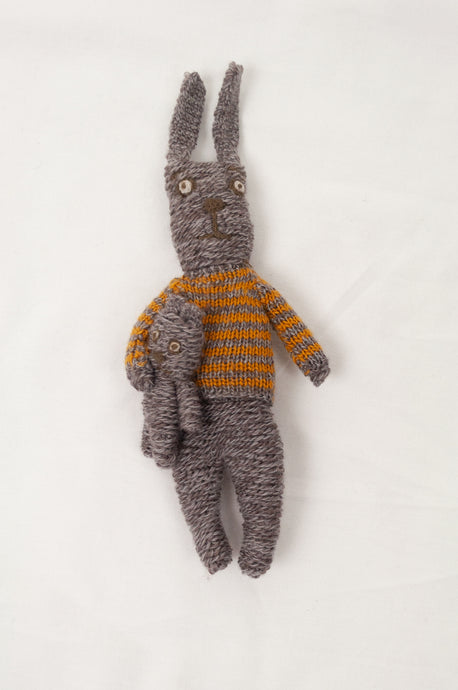 Sophie Digard artisan made, hand crocheted, hand knitted bunny in striped sweater with own teddy.