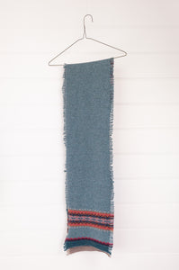 Eribé Alloa scarf with colour blocking, fairisle and fringed edging. Lugano Rose in teal green and pink