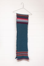 Load image into Gallery viewer, Eribé Alloa scarf with colour blocking, fairisle and fringed edging. Lugano Rose in teal green and pink.