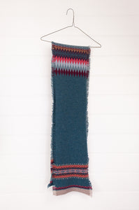 Eribé Alloa scarf with colour blocking, fairisle and fringed edging. Lugano Rose in teal green and pink.